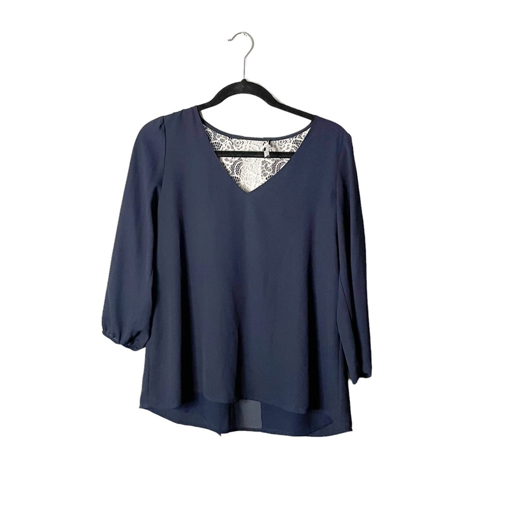 19 Cooper Navy Blue Sheer Preppy Lightweight Loose Fit Floral Lace Accent